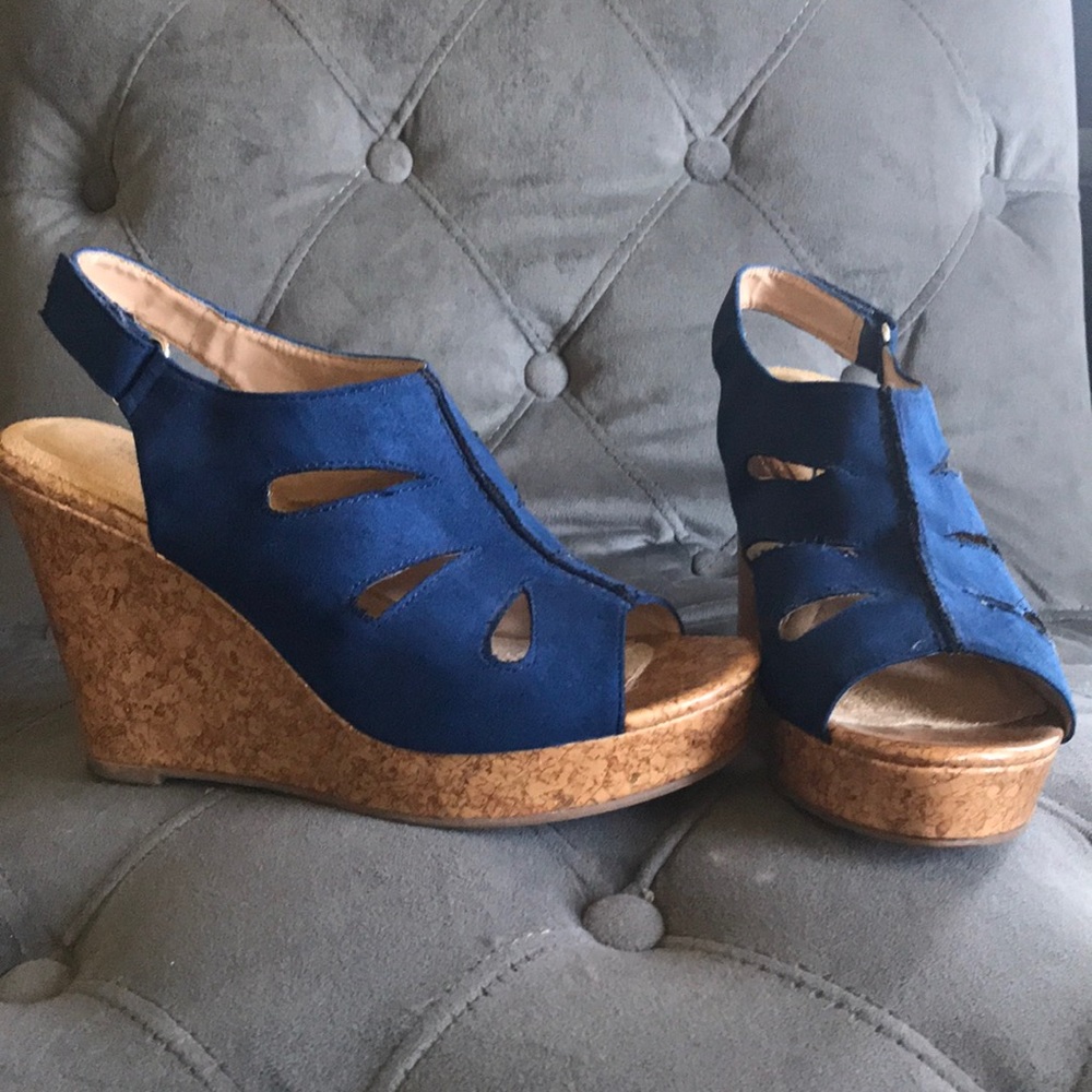 Bright blue wedge sandals